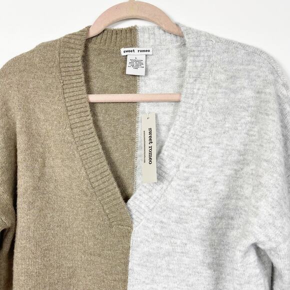 Sweet Romeo Colorblock Vneck Sweater Tan Gray Large Nordstrom NWT - Picture 4 of 7